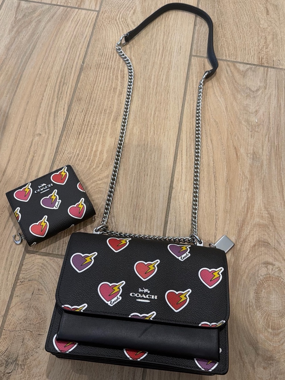 Coach Black Leather Shoulder Bag with Red & Purple Heart Motifs - Picture 2 of 4
